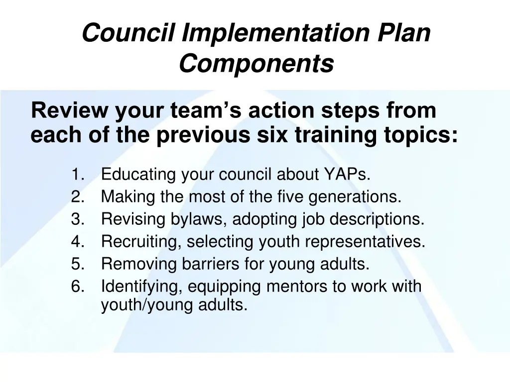 council implementation plan components