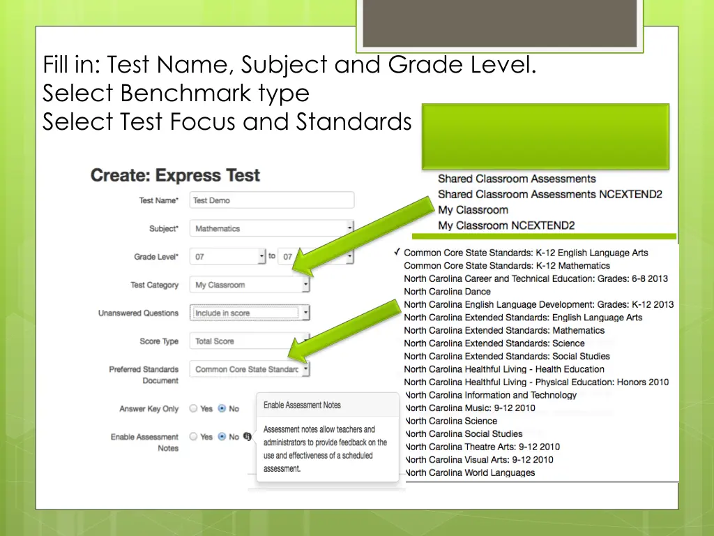 fill in test name subject and grade level select