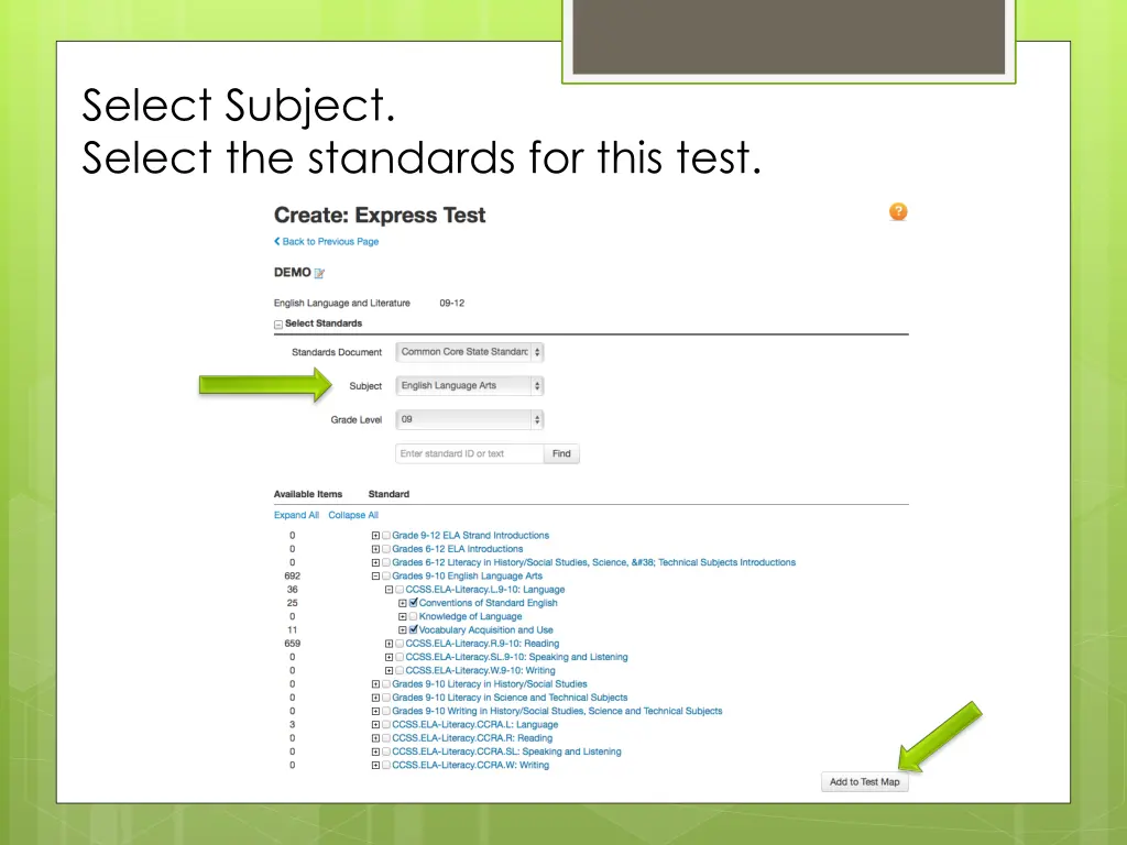 select subject select the standards for this test