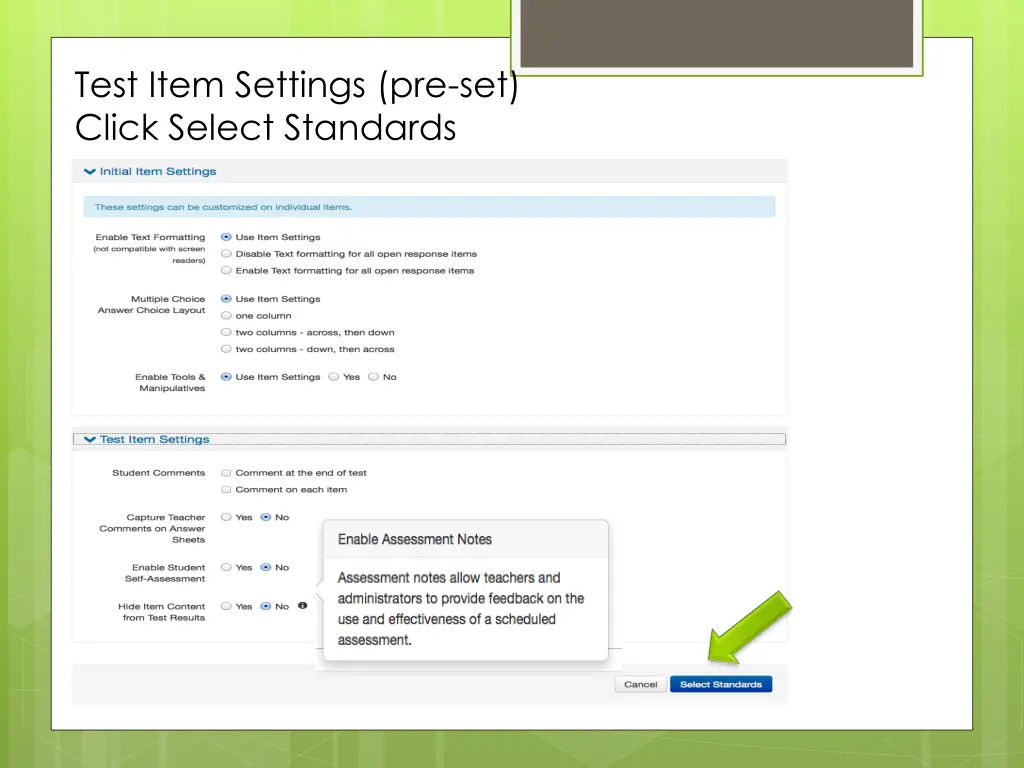 test item settings pre set click select standards