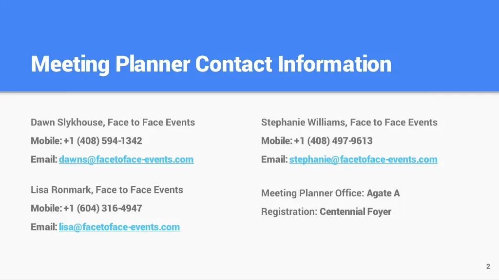 meeting planner contact information
