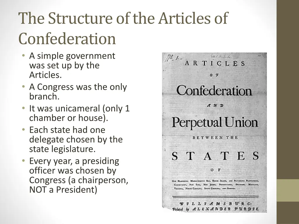the structure of the articles of confederation
