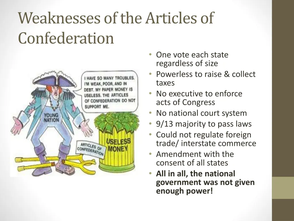 weaknesses of the articles of confederation