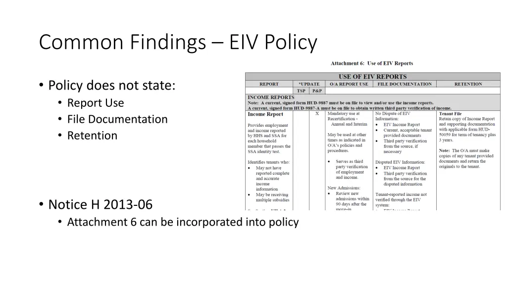 common findings eiv policy
