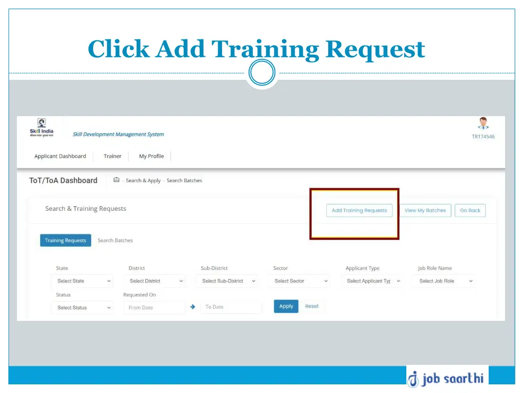 click add training request
