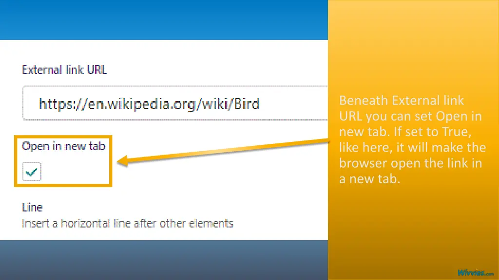 beneath external link url you can set open