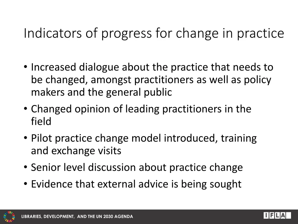 indicators of progress for change in practice