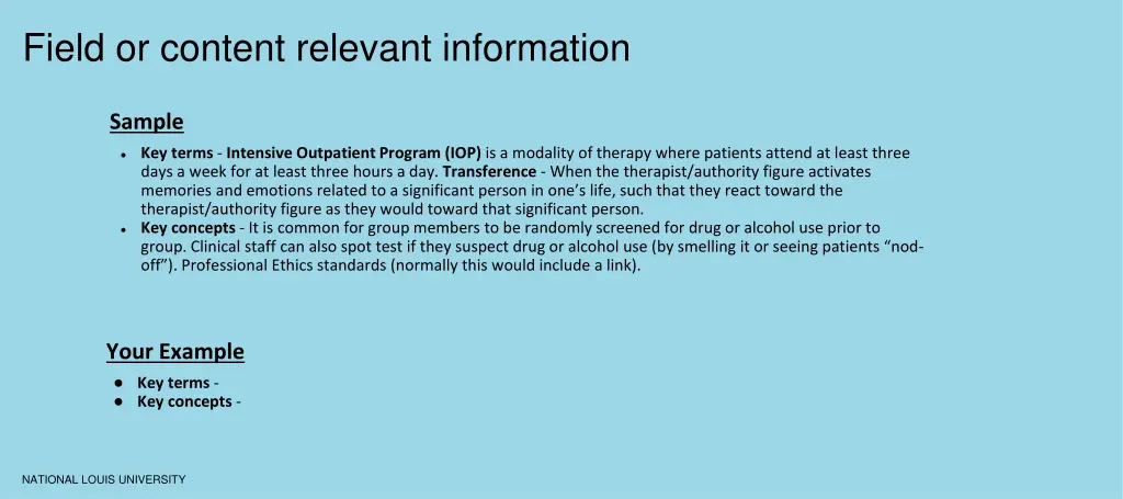 field or content relevant information