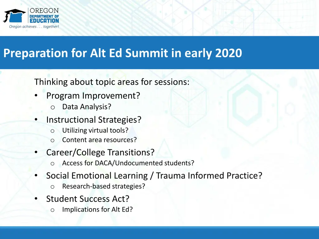 preparation for alt ed summit in early 2020