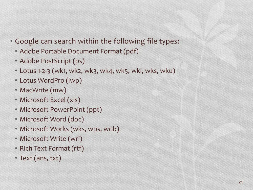 google can search within the following file types