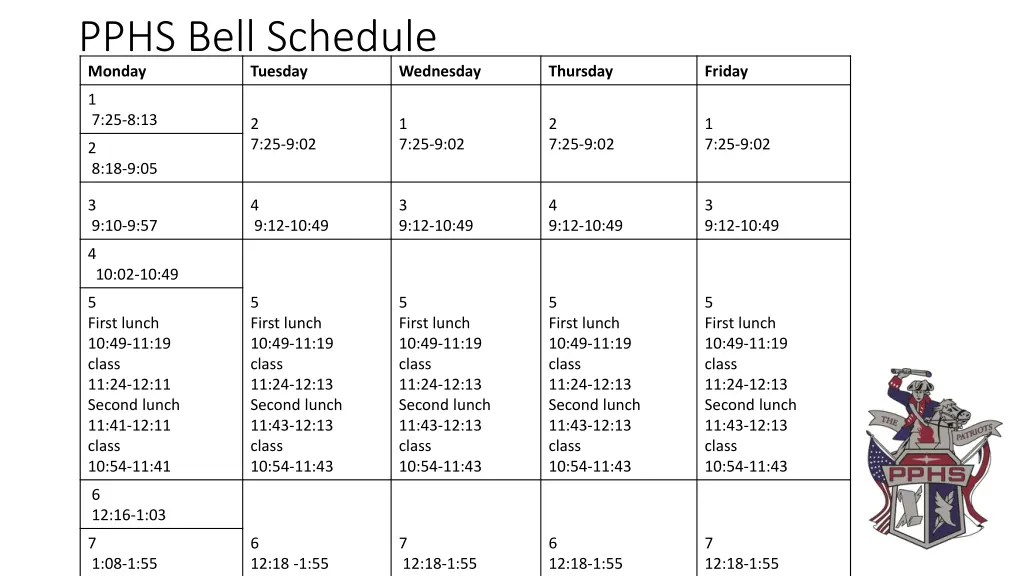 pphs bell schedule monday tuesday