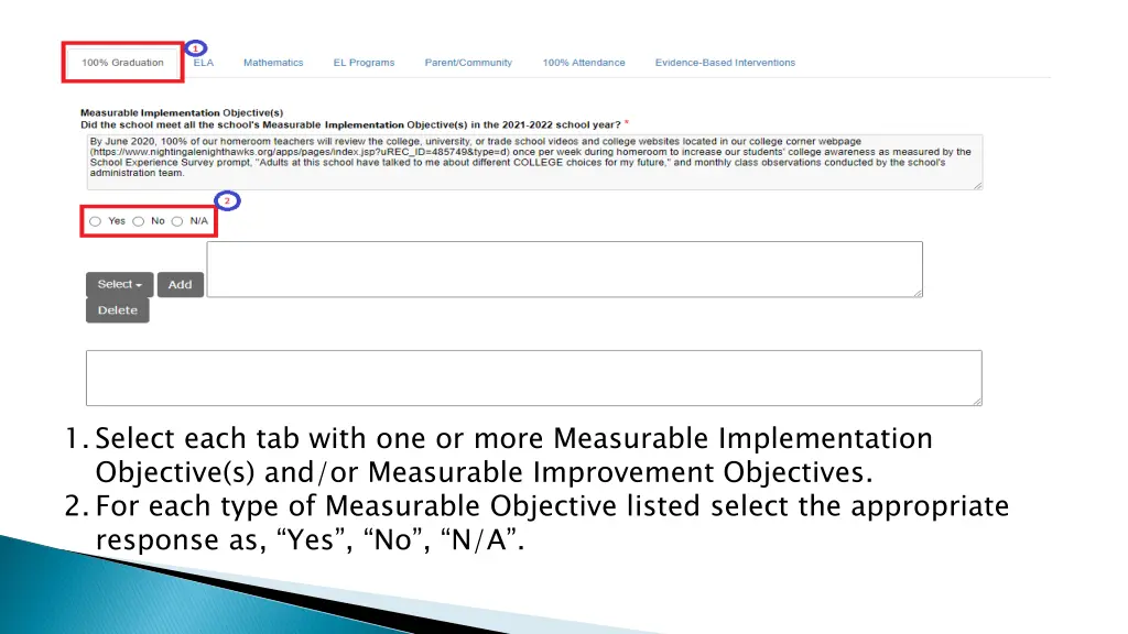 1 select each tab with one or more measurable