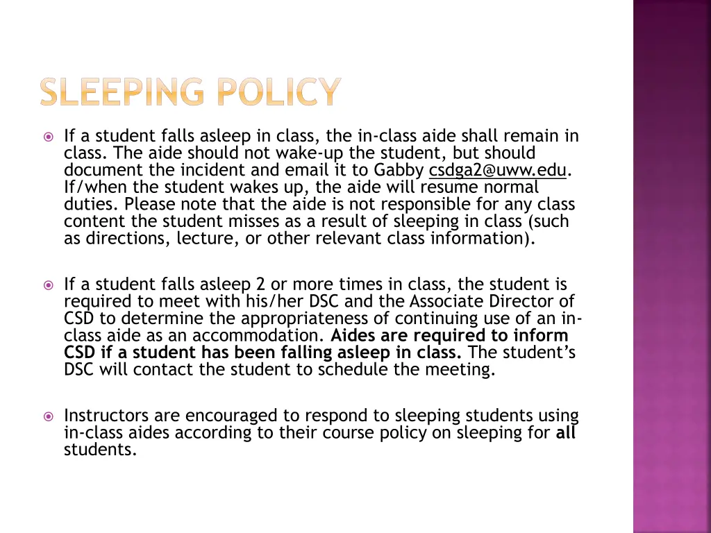 sleeping policy