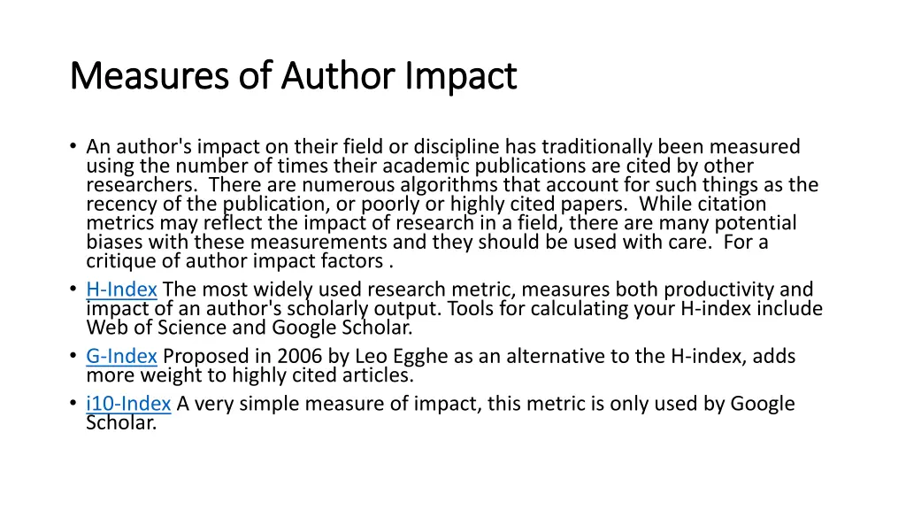 measures of author impact measures of author