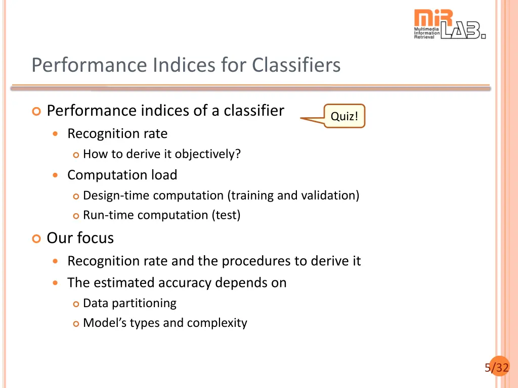 performance indices for classifiers