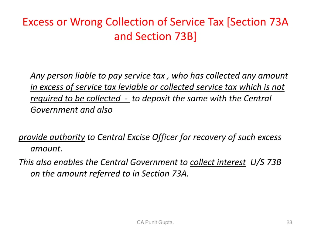 excess or wrong collection of service tax section