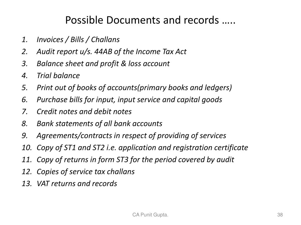 possible documents and records