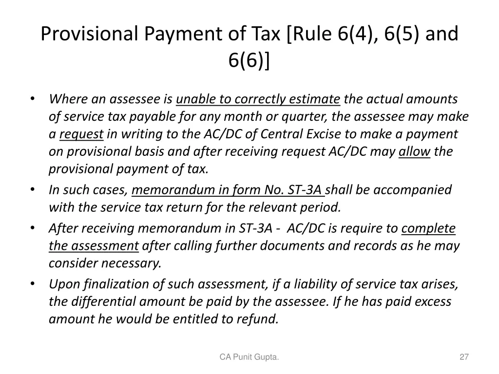 provisional payment of tax rule 6 4 6 5 and 6 6
