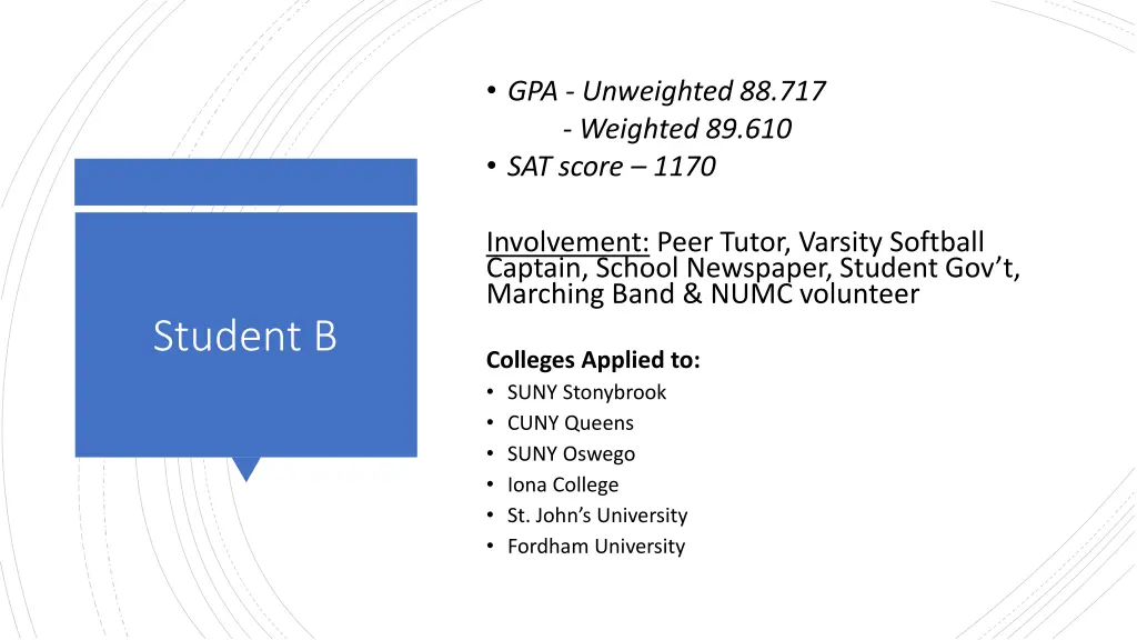 gpa unweighted 88 717 weighted 89 610 sat score