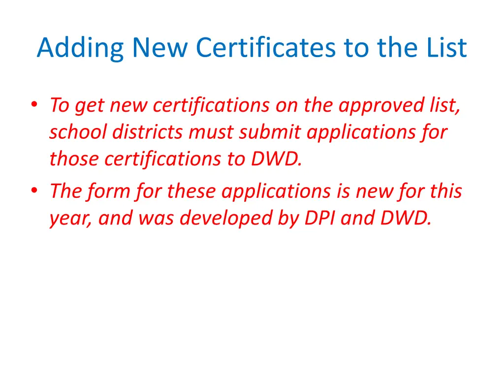 adding new certificates to the list