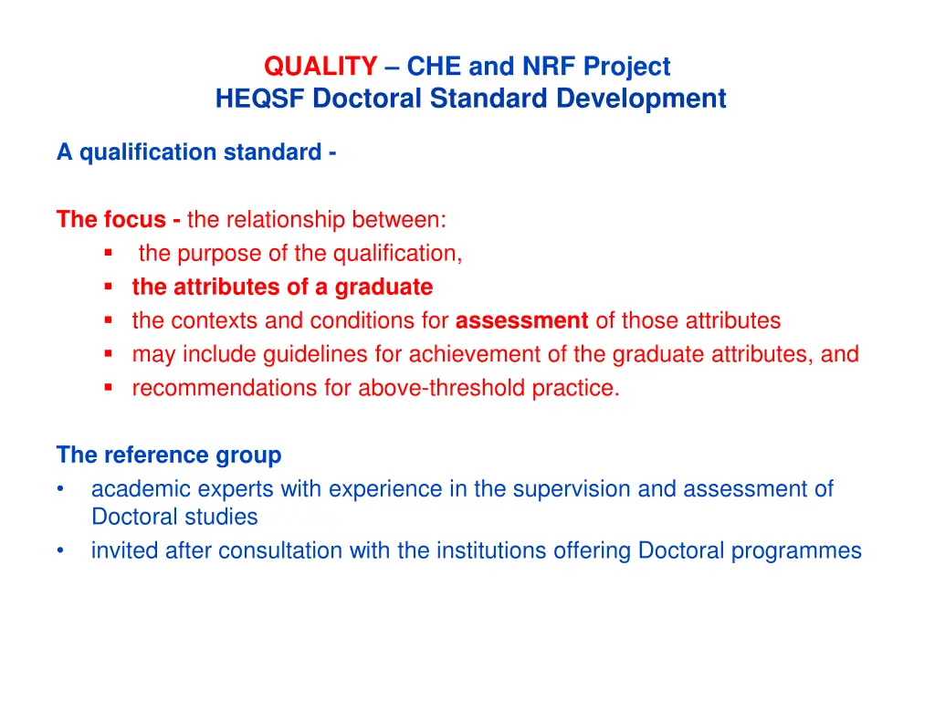 quality che and nrf project heqsf doctoral