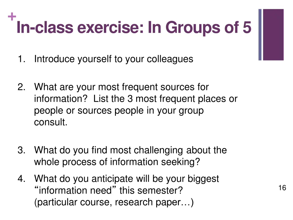 in class exercise in groups of 5