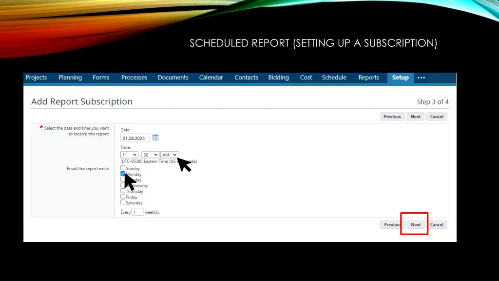 scheduled report setting up a subscription 4