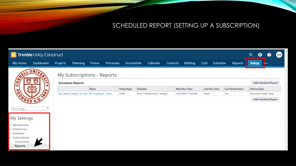 scheduled report setting up a subscription 6
