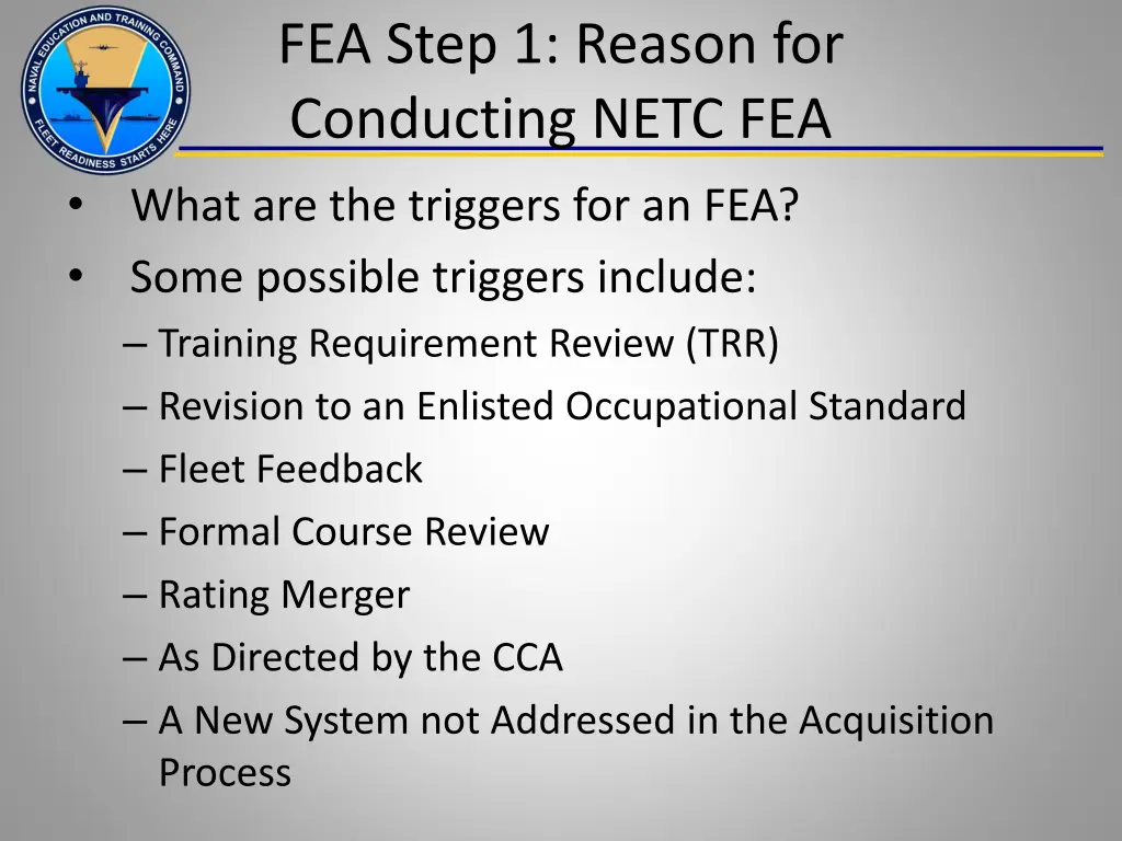 fea step 1 reason for conducting netc fea
