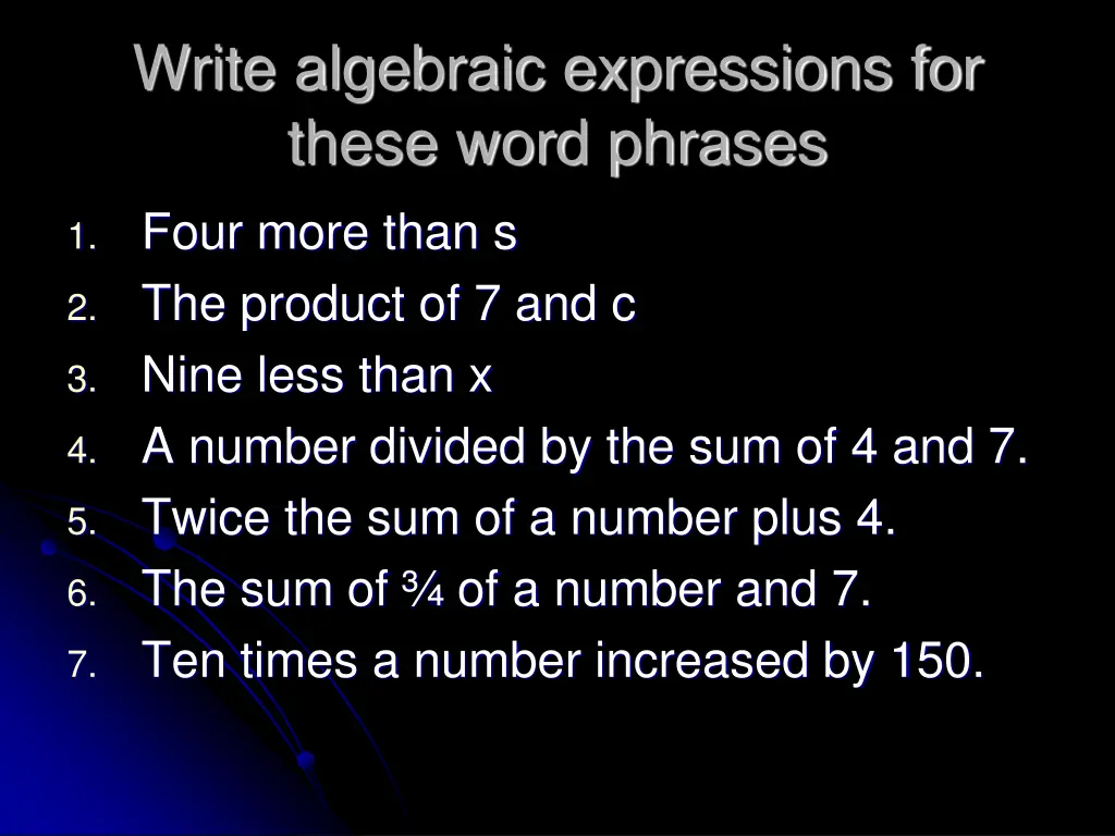 write algebraic expressions for these word phrases