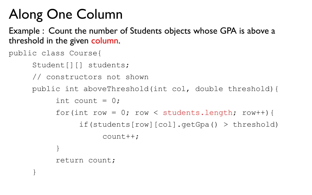 along one column example count the number