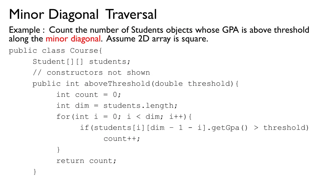 minor diagonal traversal example count the number