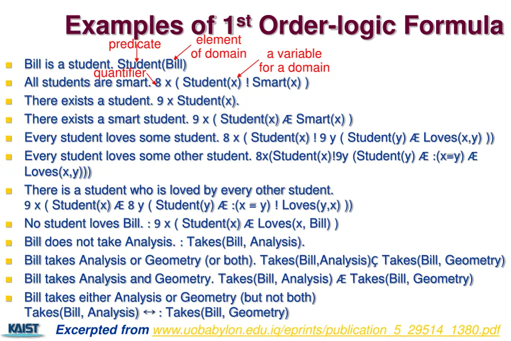 examples of 1 st order logic formula predicate