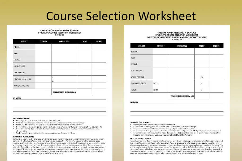 course selection worksheet