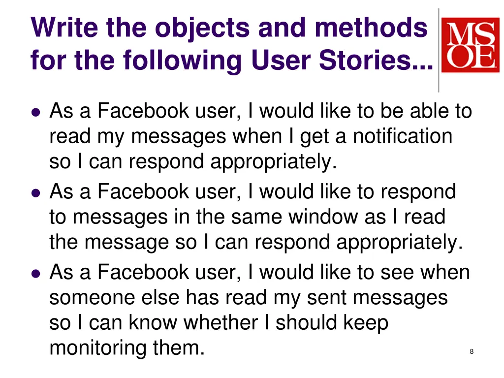 write the objects and methods for the following