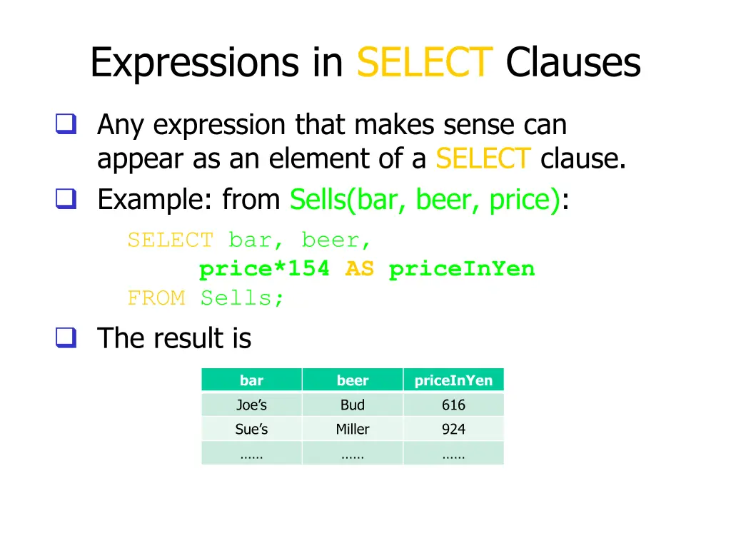 expressions in select clauses