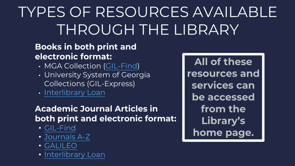 types of resources available through the library