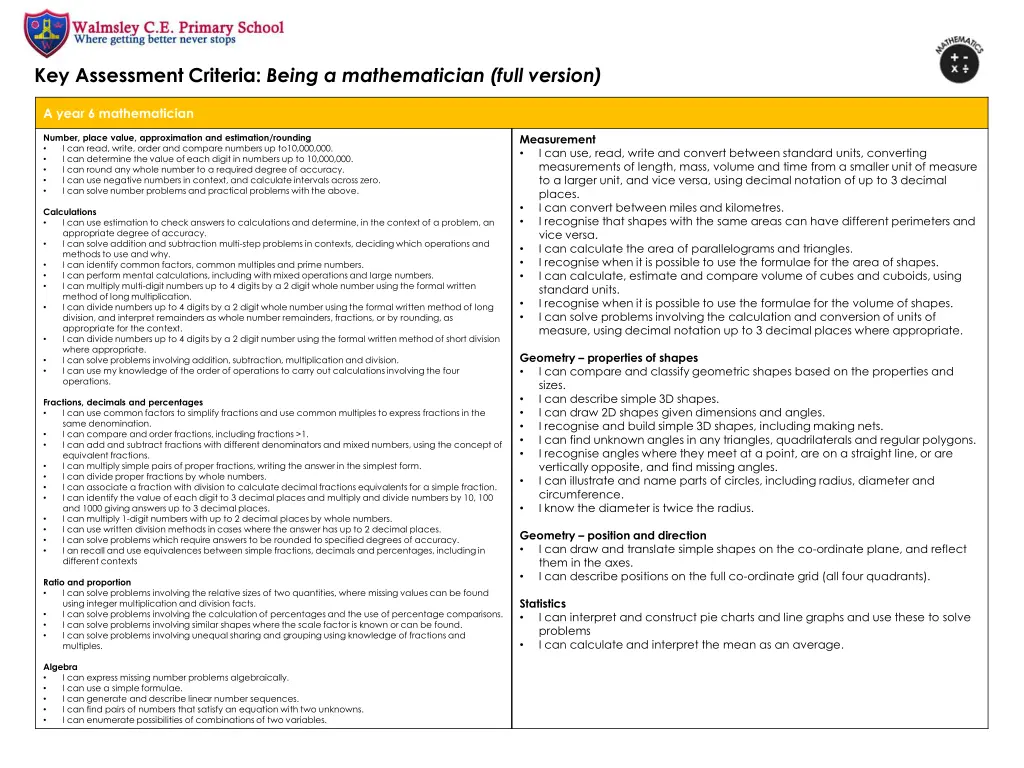 key assessment criteria being a mathematician 11