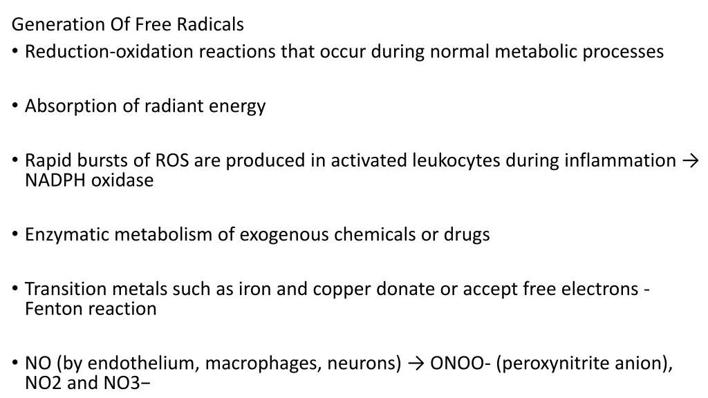 generation of free radicals reduction oxidation