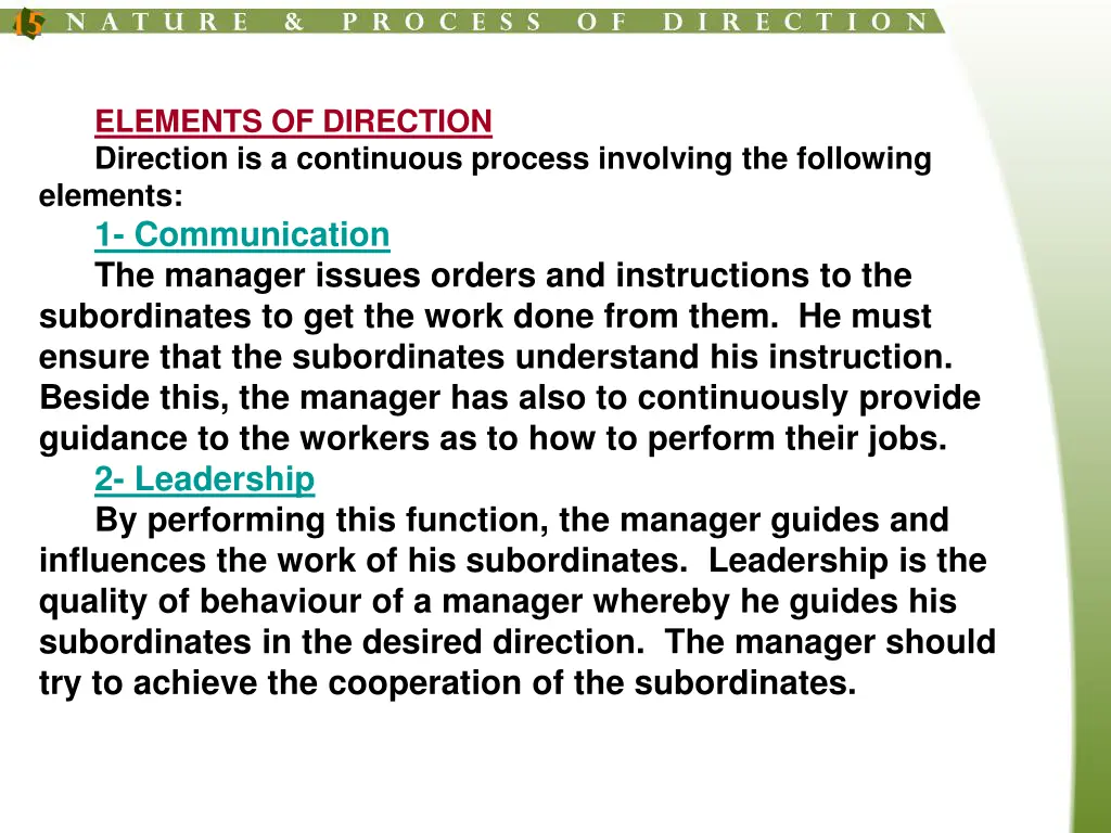 elements of direction direction is a continuous