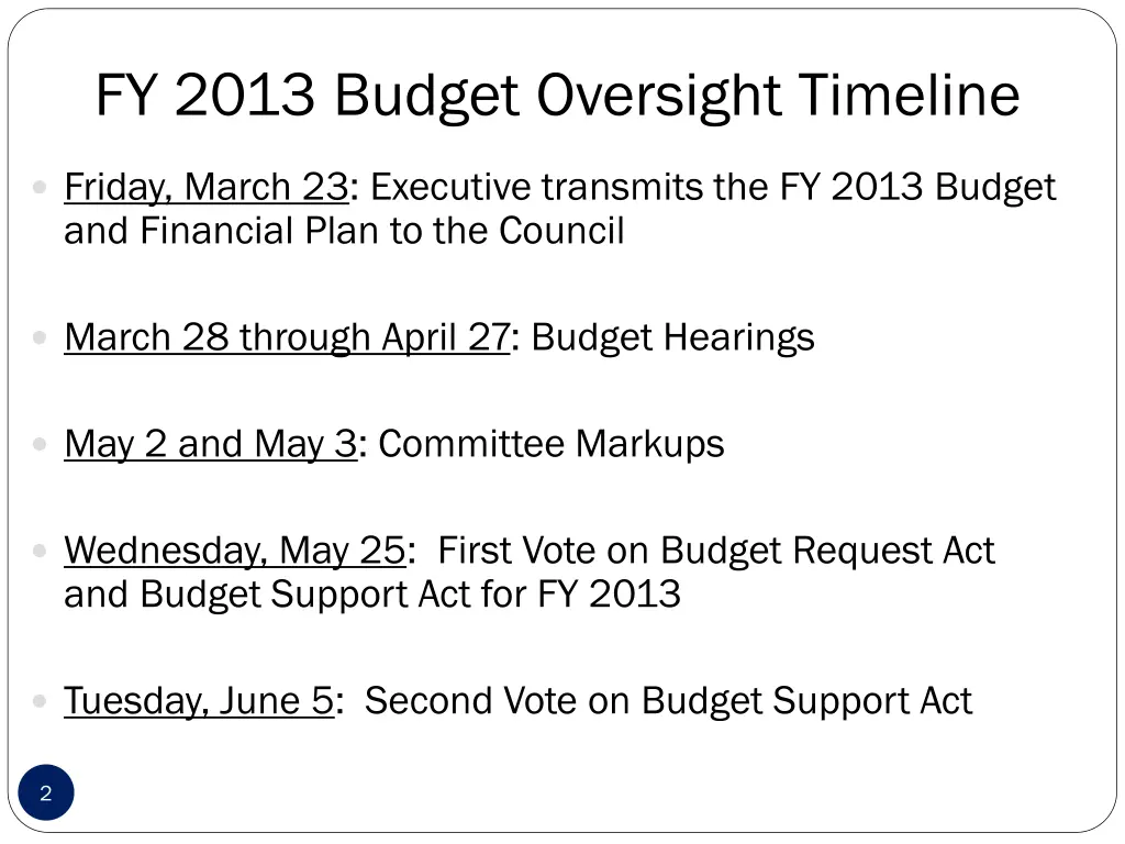 fy 2013 budget oversight timeline
