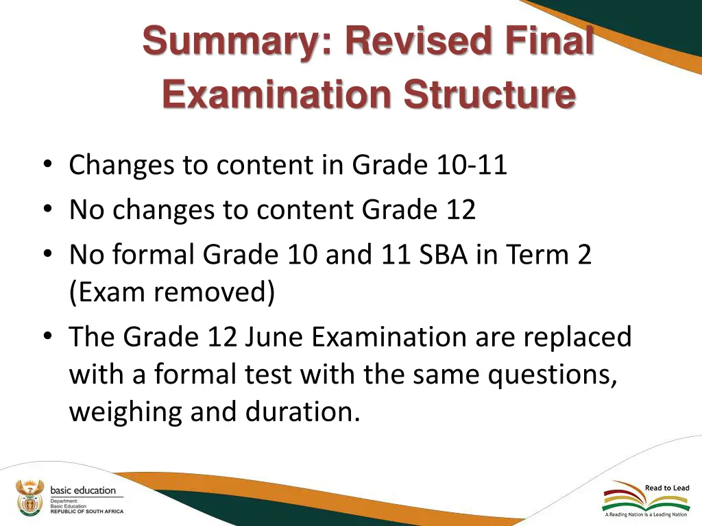 summary revised final examination structure