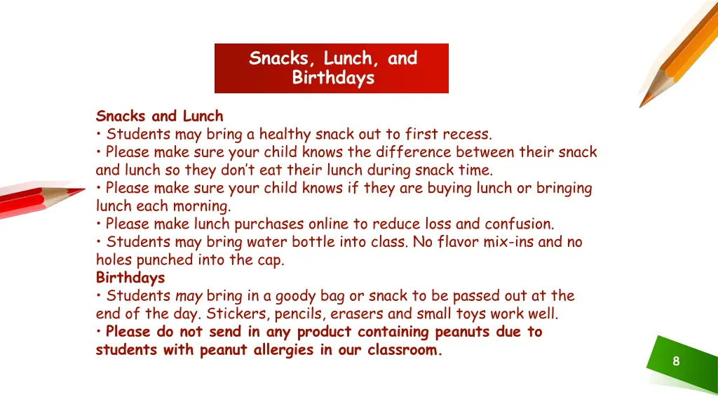 snacks lunch and birthdays