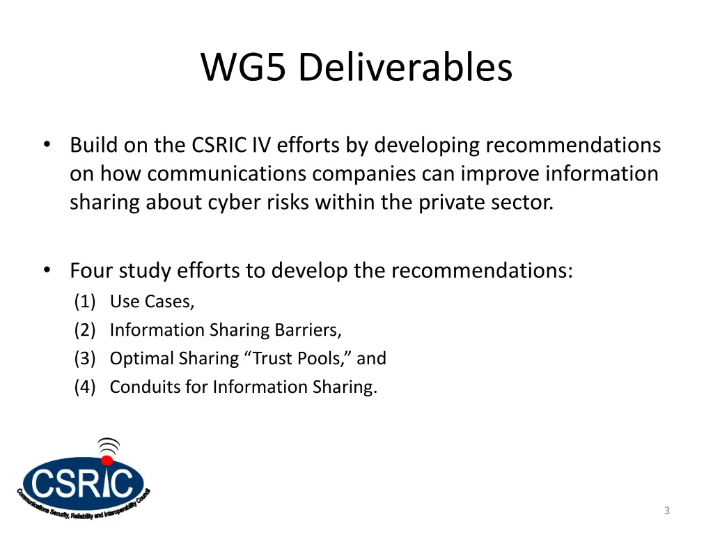 wg5 deliverables