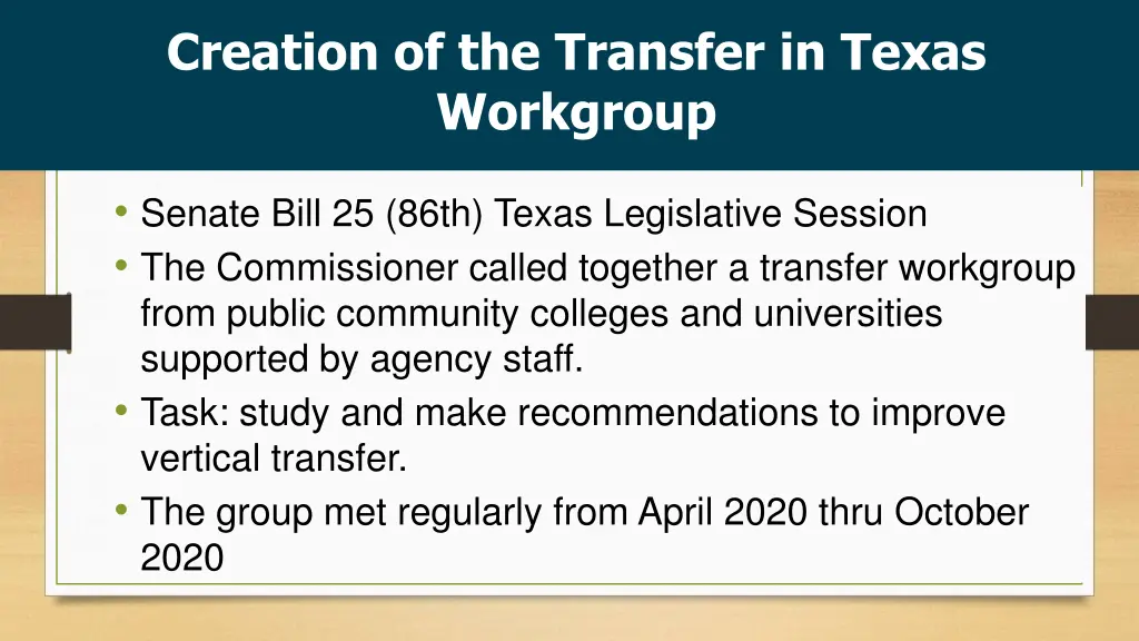 creation of the transfer in texas workgroup