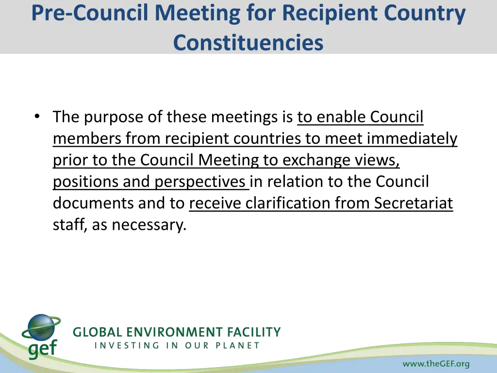 pre council meeting for recipient country