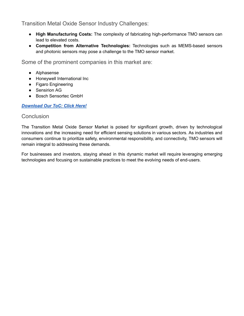 transition metal oxide sensor industry challenges