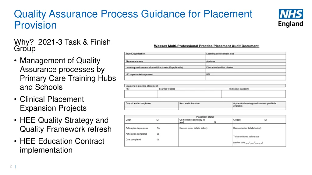 quality assurance process guidance for placement