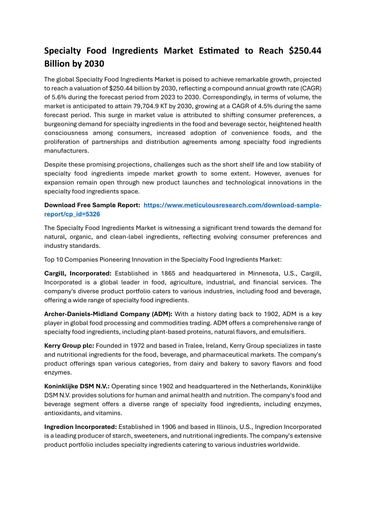 specialty food ingredients market estimated