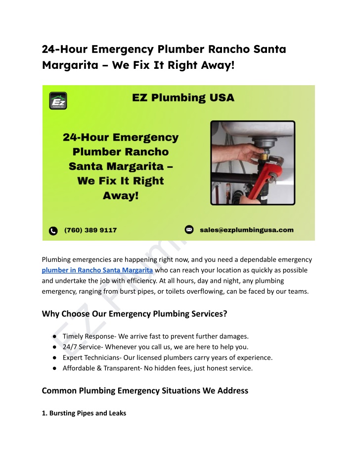 24 hour emergency plumber rancho santa margarita